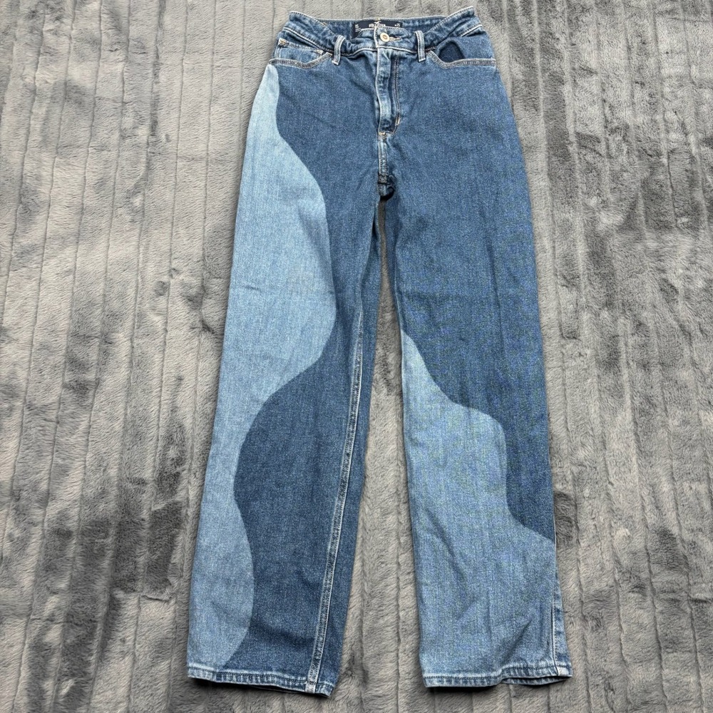 Hollister Ultra High-Rise Dad Jeans W25 L29 Two Tone Wavy Patchwork Blue Denim